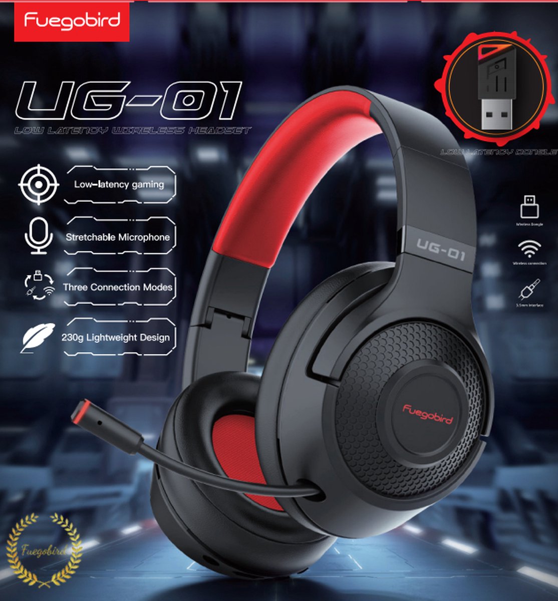 Fuegobird UG-01 2.4GHz Draadloze Gaming Headset - Bluetooth koptelefoon - Multiplatform - Geschikt voor PS4/PS5, Nintendo Switch - Rood