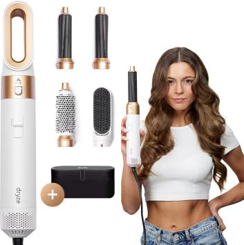Dryze Airstyler - 5 in 1 Multistyler - Krultang - Föhnborstel - Krulborstel - Hairwrap - Heteluchtborstel - Kort & Lang Haar- Crème white/gold edition Inclusief leren opbergcase