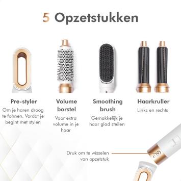 Dryze Airstyler - 5 in 1 Multistyler - Krultang - Föhnborstel - Krulborstel - Hairwrap - Heteluchtborstel - Kort & Lang Haar- Crème white/gold edition Inclusief leren opbergcase