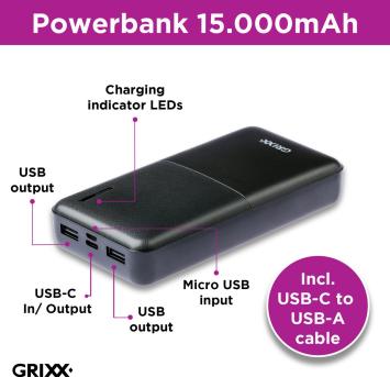 Grixx Powerbank 15000 mAh Power Delivery met USB-A, Micro-USB & USB-C Zwart