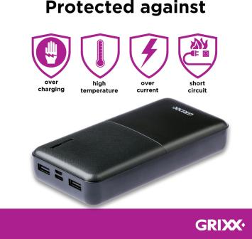 Grixx Powerbank 15000 mAh Power Delivery met USB-A, Micro-USB & USB-C Zwart