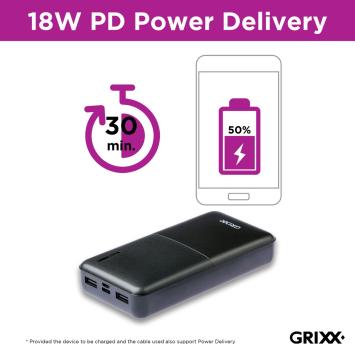 Grixx Powerbank 15000 mAh Power Delivery met USB-A, Micro-USB & USB-C Zwart