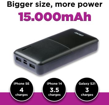 Grixx Powerbank 15000 mAh Power Delivery met USB-A, Micro-USB & USB-C Zwart
