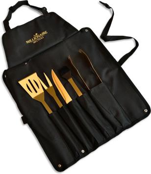 MikaMax Gouden Milionaire BBQ Accessoire Set - BBQ Tools Goud - BBQ Gereedschap Set - 5 Delige Set - Incl. Meegeleverde Tas - Straat Luxe Uit - Hoge Kwaliteit - Goud