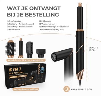 OWE Products 5-in-1 Airstyler - Stijlborstel en Fohnborstel - Krultang - Volumeborstel - Airwrap - Hittebestendige Handschoen Inbegrepen