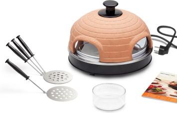 Emerio PO-115985 - Pizzarette - 4 persoons - Handgemaakte terracotta koepel - 4 Geïsoleerde bak spatels - RVS bakplaat - Cool touch